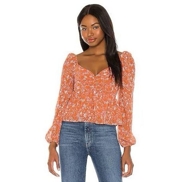 ASTR Long Sleeve Sweetheart Top in Rust Multi Floral Small - Picture 1 of 8